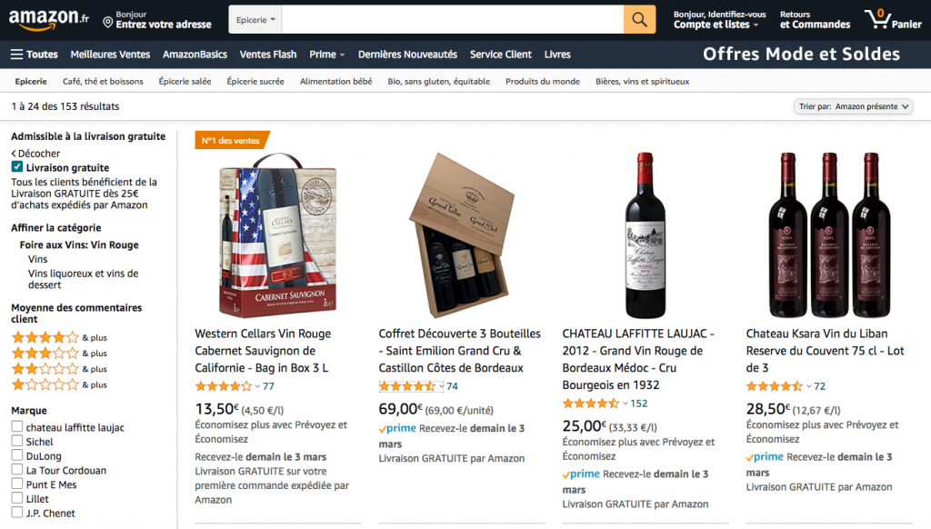 L'offre vin d'Amazon